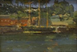 Impressionist School (Early 20th century): Three Masted Boat by the Quayside, oil on panel unsigned,