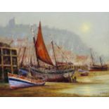 Jack Rigg (British 1927-): 'Yorkshire Yawl - Old Scarborough Harbour', oil on canvas signed, titled