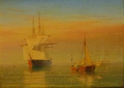 William Frederick Settle (British 1821-1897): Sailing Barge and Ships at Anchor at Sunset, oil on pa