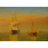 William Frederick Settle (British 1821-1897): Sailing Barge and Ships at Anchor at Sunset, oil on pa