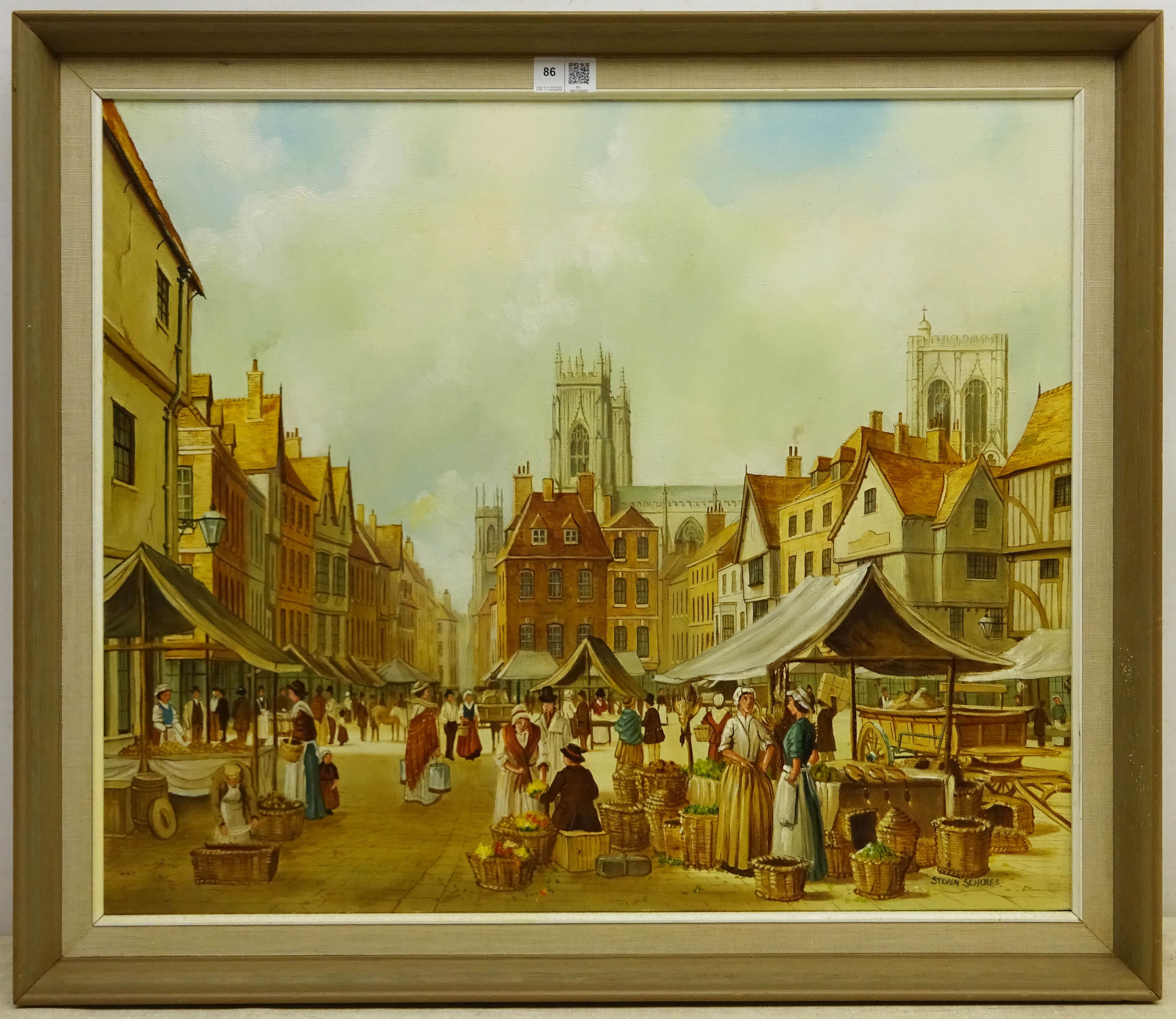 Steven Scholes (Northern British 1952-): Market Place York 1850's, oil on canvas signed 50cm x 60cm - Image 2 of 2