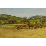 John Atkinson (Staithes Group 1863-1924): Yorkshire Landscape with Working Horses, watercolour signe
