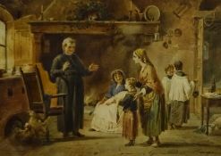 Cesare Provaggi (Italian 19th century): 'A Present for the Priest', watercolour signed 26cm x 37cm