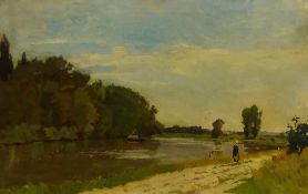 Edmond Marie Petit Jean (French 1844-1925): River Landscape, oil on board, artist's studio stamp ver