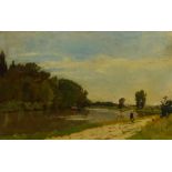 Edmond Marie Petit Jean (French 1844-1925): River Landscape, oil on board, artist's studio stamp ver