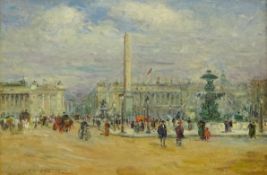 Circle of Jean François Raffaëlli (French 1850-1924): Place de la Concorde Paris, oil on mahogany