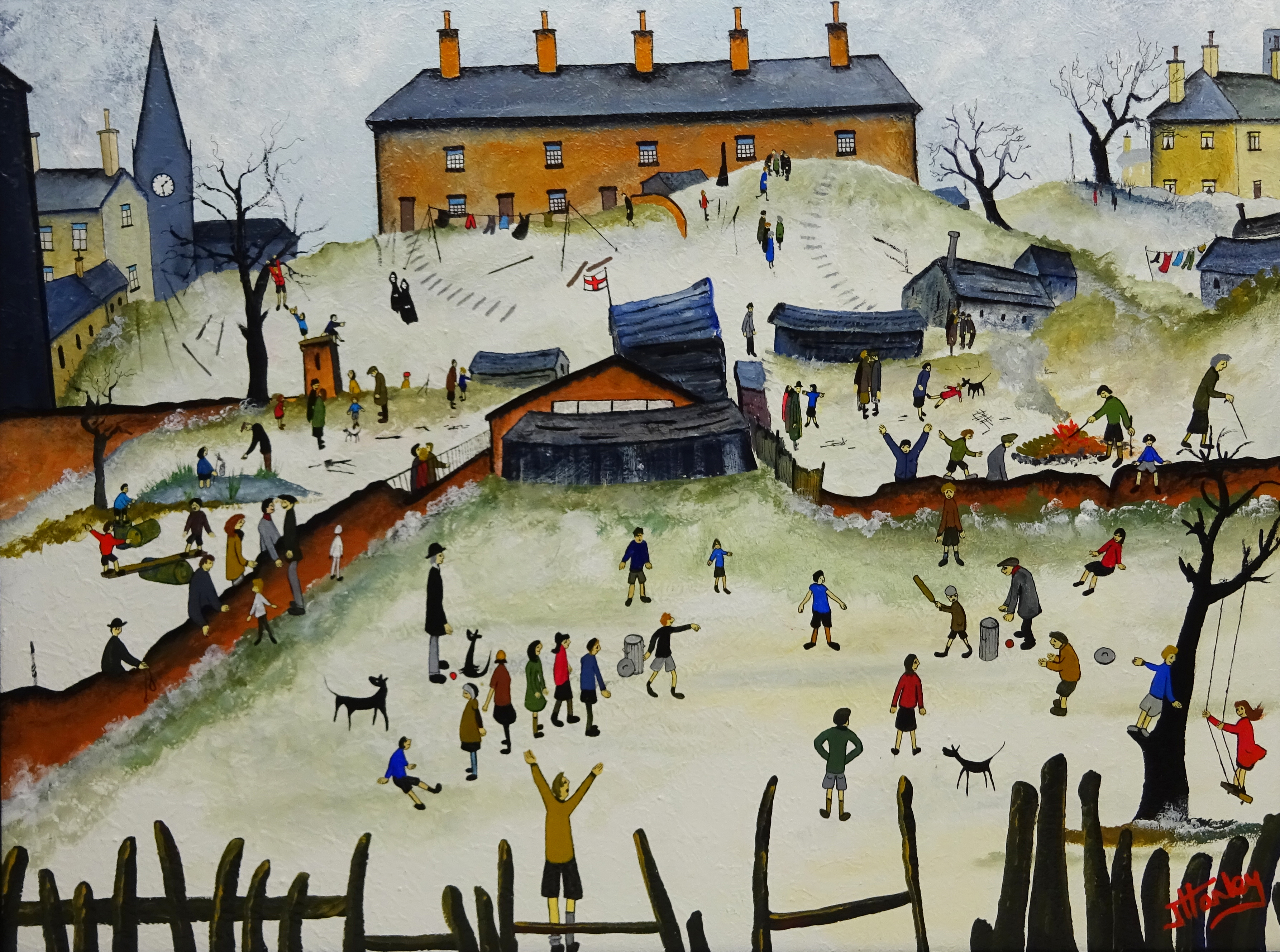 John Hanley (Northern British 1947-): The Local Cricket Match, oil on canvas signed 60cm x 80cm Not