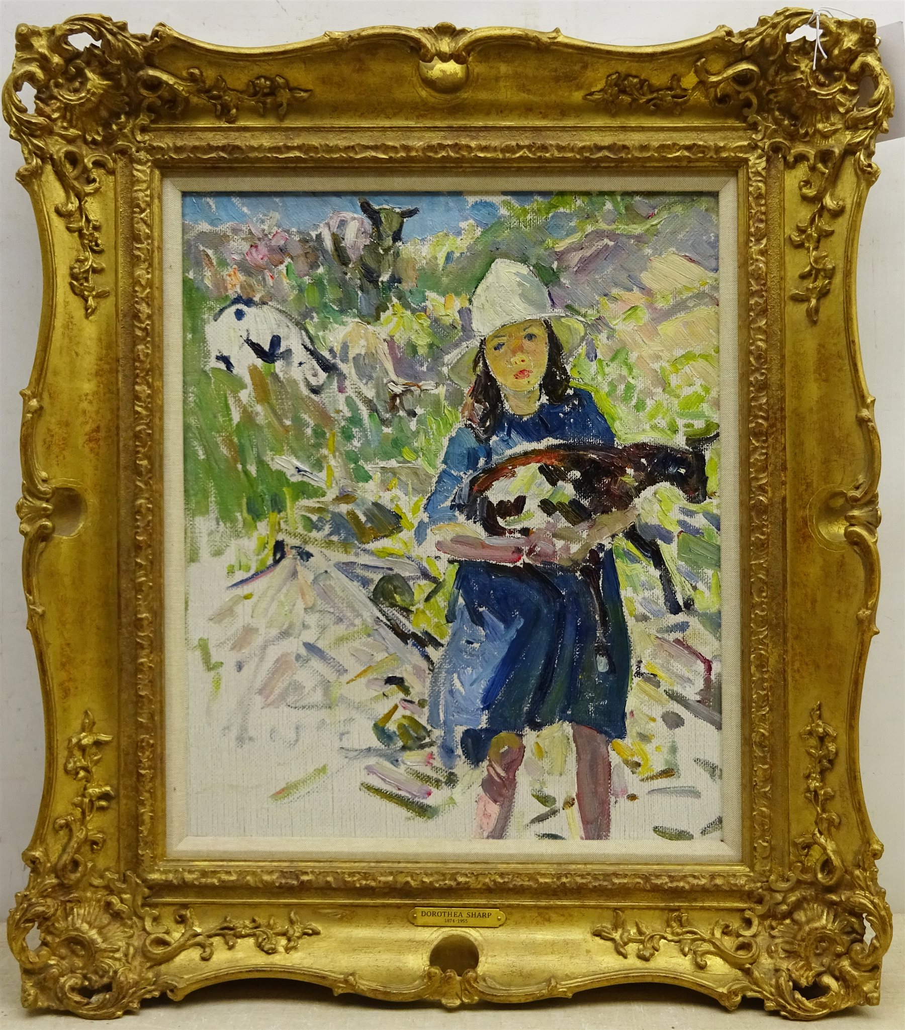 Dorothea Sharp (Newlyn School 1874-1955): Young Girl with a Lamb on a Hillside, oil on canvas unsign - Image 3 of 10
