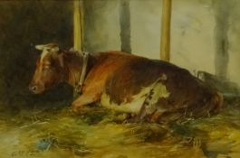 GM (British 19th century): Shorthorn Cow in a Stable Setting, watercolour signed with initials and