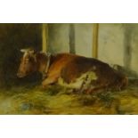 GM (British 19th century): Shorthorn Cow in a Stable Setting, watercolour signed with initials and