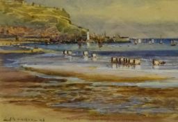 Attrib. Eugene Boudin (French 1825-1898): Bathing Machines on the Beach at Scarborough, watercolour