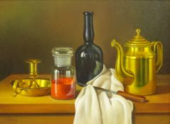 Andras Gombar (Hungarian 1946-): Still Life of Wine Bottle and Brassware, oil on panel signed 29cm x