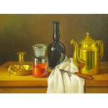 Andras Gombar (Hungarian 1946-): Still Life of Wine Bottle and Brassware, oil on panel signed 29cm x