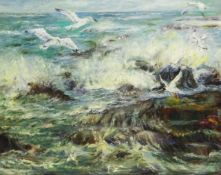 Laura Gascoin (20th Century): Sea Breaking on the Rocks, oil on canvas signed 39.5cm x 49.5cm