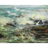 Laura Gascoin (20th Century): Sea Breaking on the Rocks, oil on canvas signed 39.5cm x 49.5cm