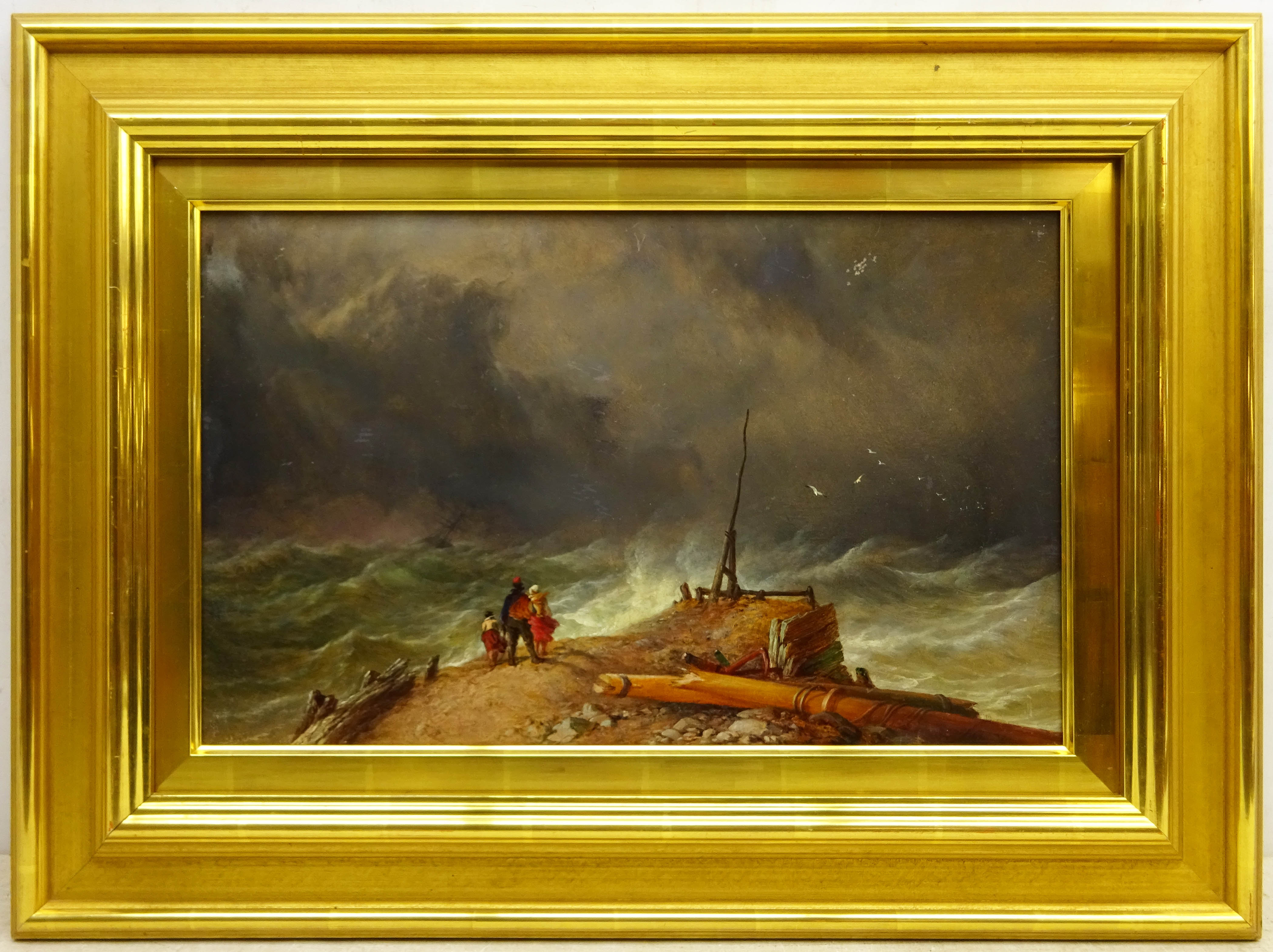 Thomas Sewell Robins (British 1810-1880): Family on the Cliff watching a Ship in Heavy Storm, oil on - Image 4 of 5