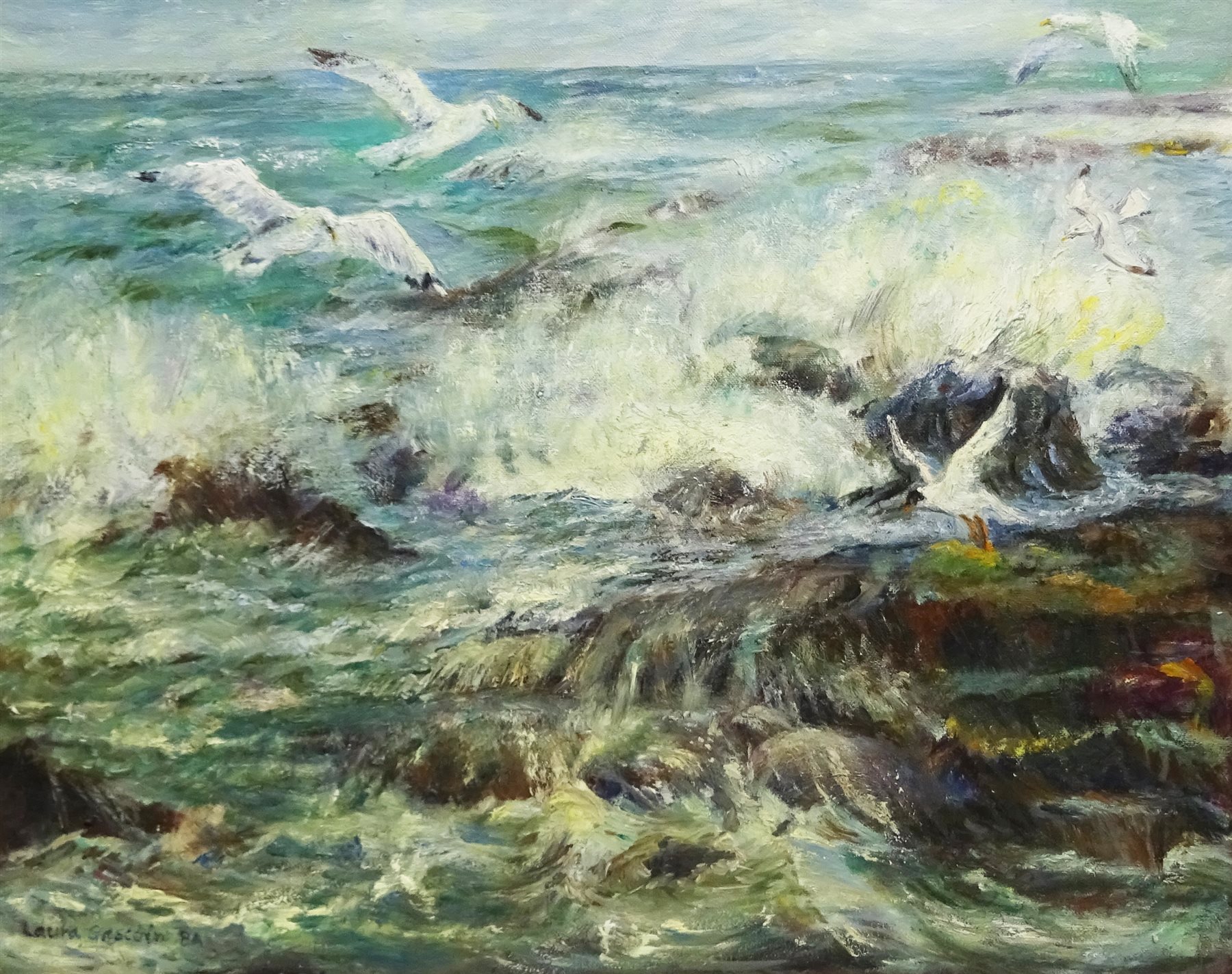 Laura Gascoin (20th Century): Sea Breaking on the Rocks, oil on canvas signed 39.5cm x 49.5cm - Image 2 of 4