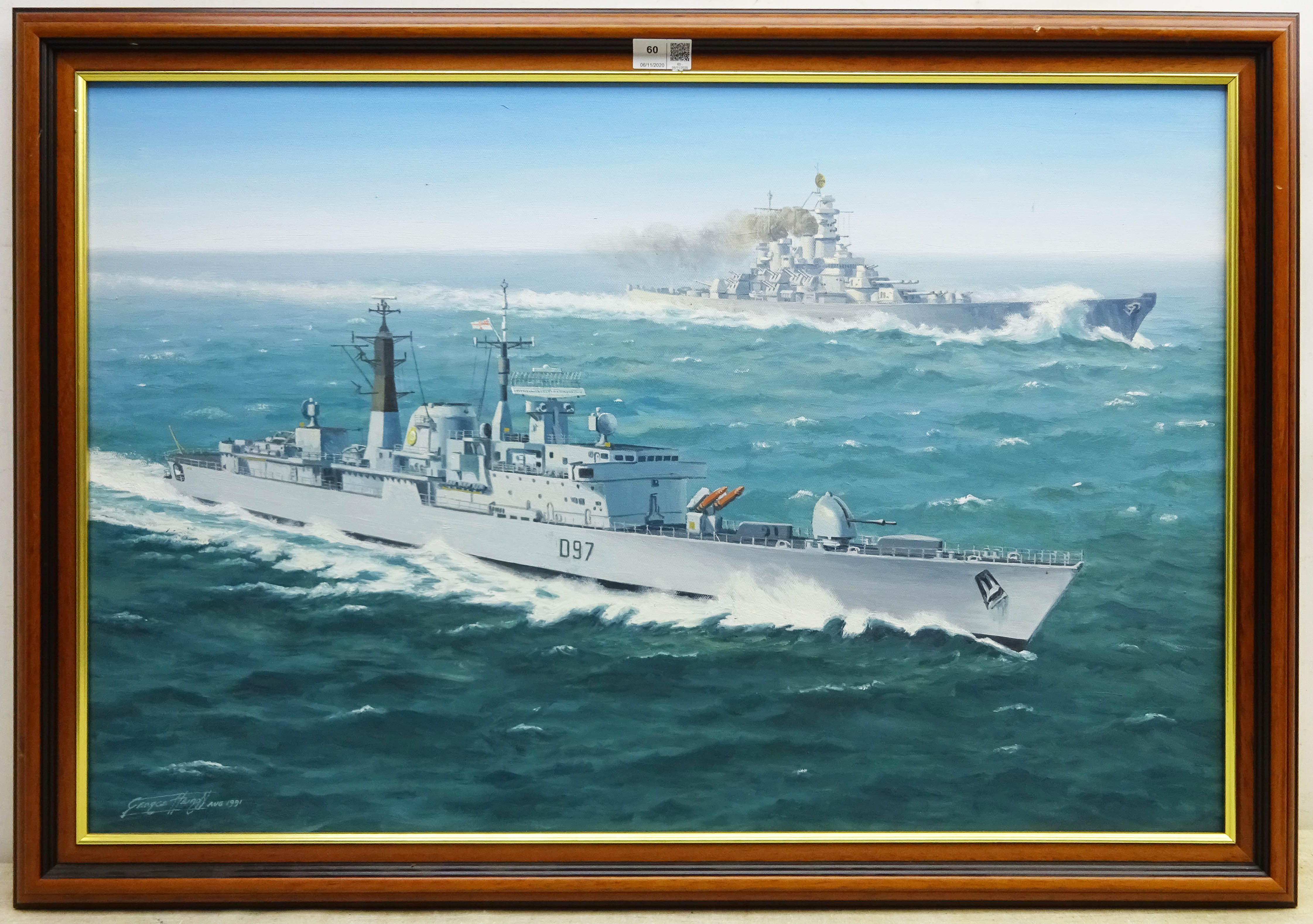 George Heiron (British 1929-2001): 'USS Missouri with HMS Edinburgh at Full Steam' - First Gulf War, - Image 4 of 4