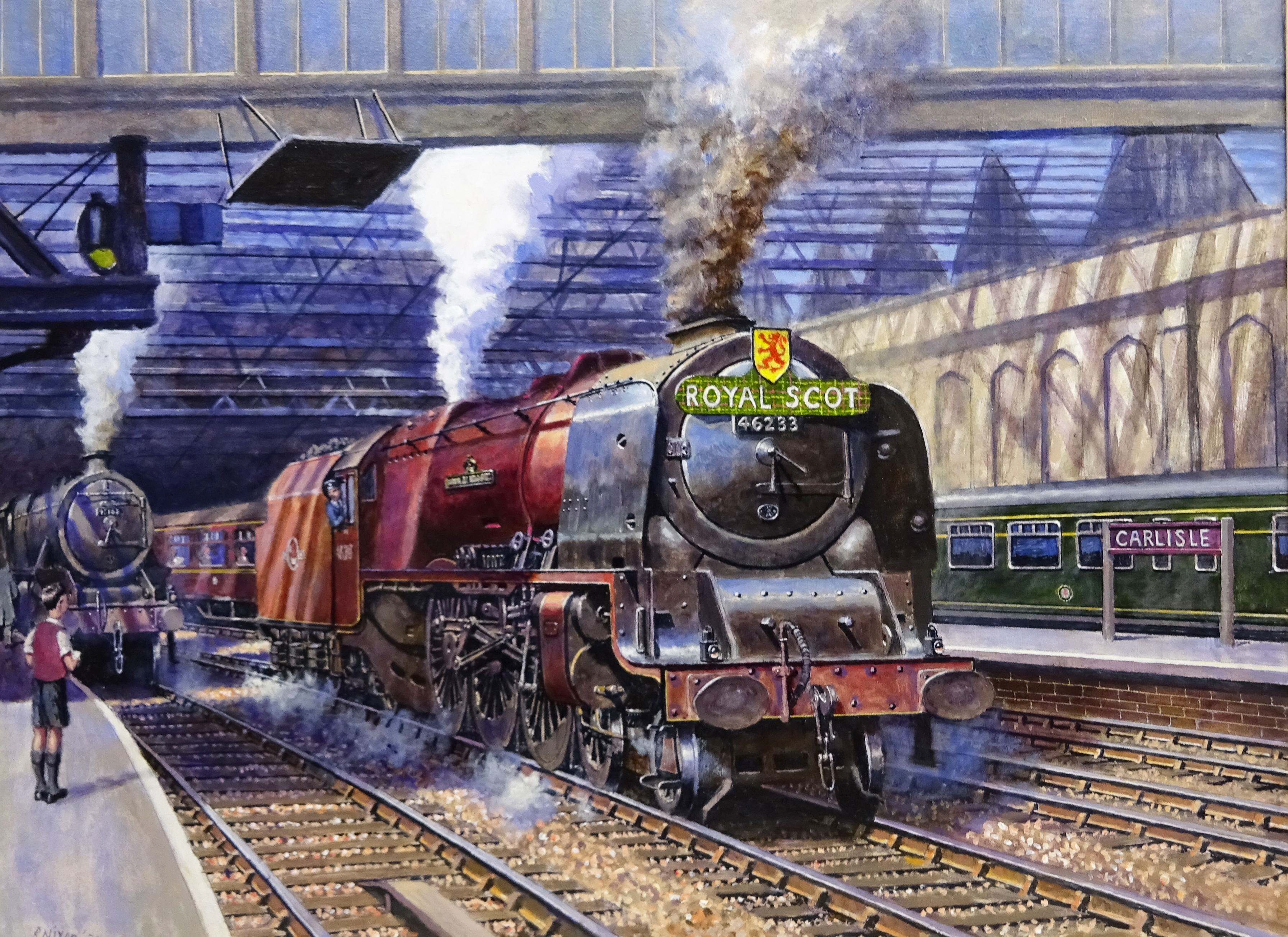 Robert Nixon (British 1955-): The Royal Scot 'Duchess of Sutherland' in Carlisle Railway Station, oi