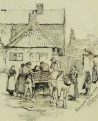 Robert Jobling (Staithes Group 1841-1923): 'Cullercoats' figures gathered round a horse and cart, pe