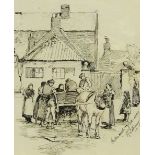 Robert Jobling (Staithes Group 1841-1923): 'Cullercoats' figures gathered round a horse and cart, pe