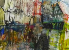 Timothy (Tim) Morrison (British 1952-): Coppergate York, mixed media on paper signed with initials 5