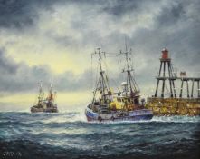 Jack Rigg (British 1927-): 'Early Birds' - Trawlers off Whitby, oil on board signed and dated 1994,