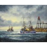 Jack Rigg (British 1927-): 'Early Birds' - Trawlers off Whitby, oil on board signed and dated 1994,