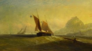 English School (19th century): Hay Barge off the Coast, oil on canvas indistinctly signed 57cm x 103