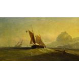 English School (19th century): Hay Barge off the Coast, oil on canvas indistinctly signed 57cm x 103