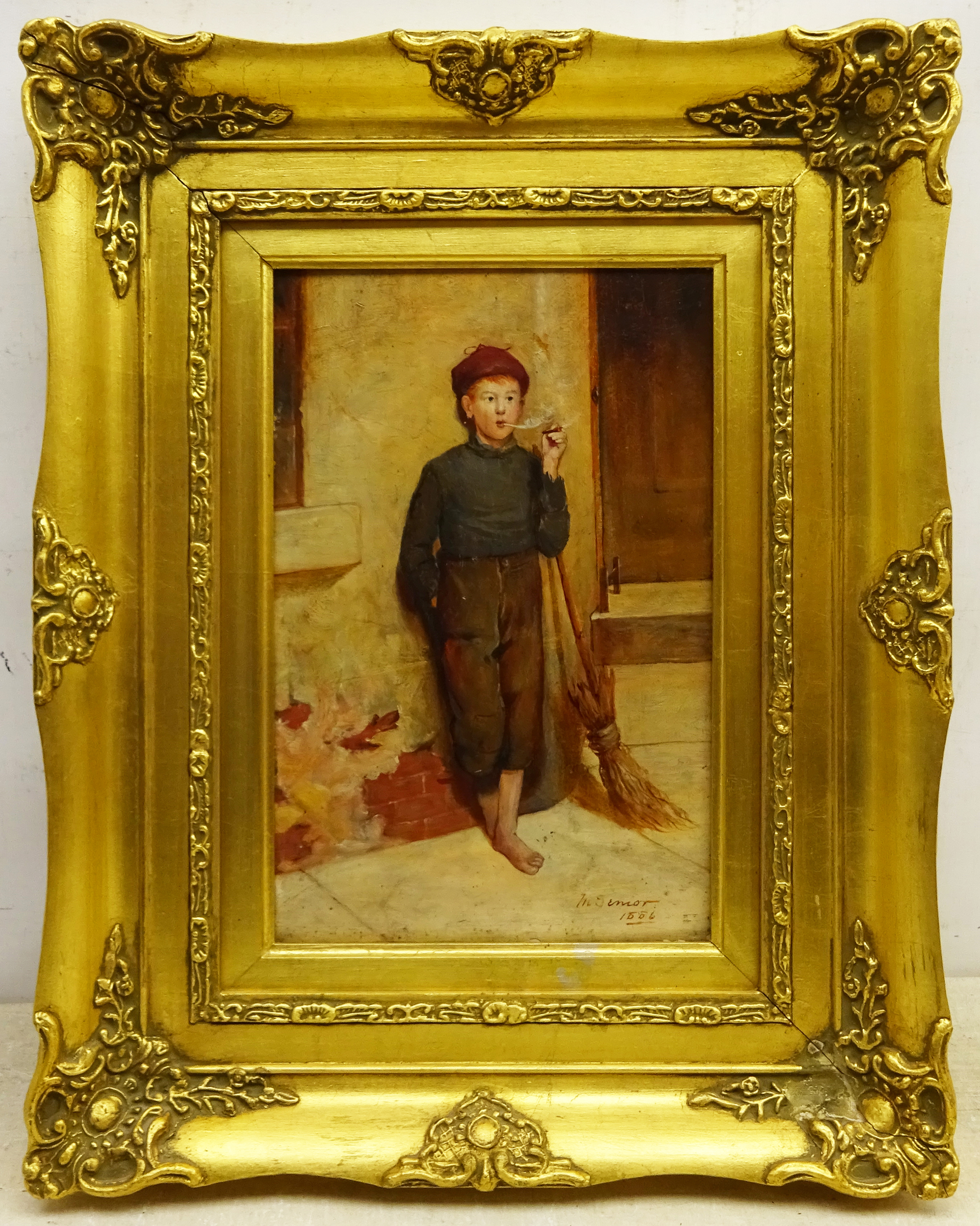 Mark Senior (Staithes Group 1862-1927): Portrait of a Boy Smoking a Pipe, oil on panel signed and da - Image 2 of 2