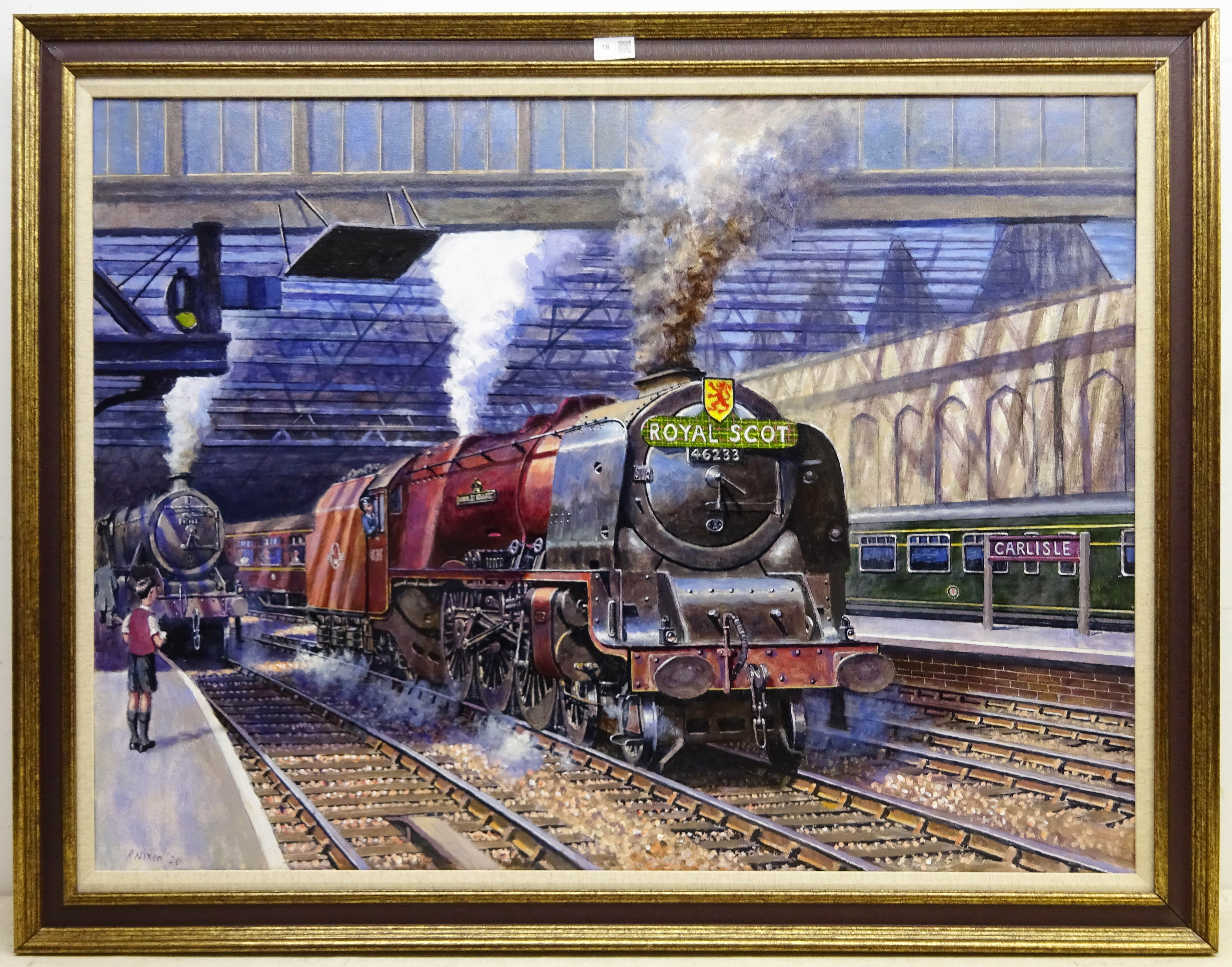 Robert Nixon (British 1955-): The Royal Scot 'Duchess of Sutherland' in Carlisle Railway Station, oi - Image 4 of 4