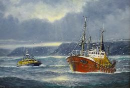 Jack Rigg (British 1927-): Poole Lifeboat 47-023 and a Peterhead Trawler off the Coast, oil on board