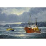Jack Rigg (British 1927-): Poole Lifeboat 47-023 and a Peterhead Trawler off the Coast, oil on board