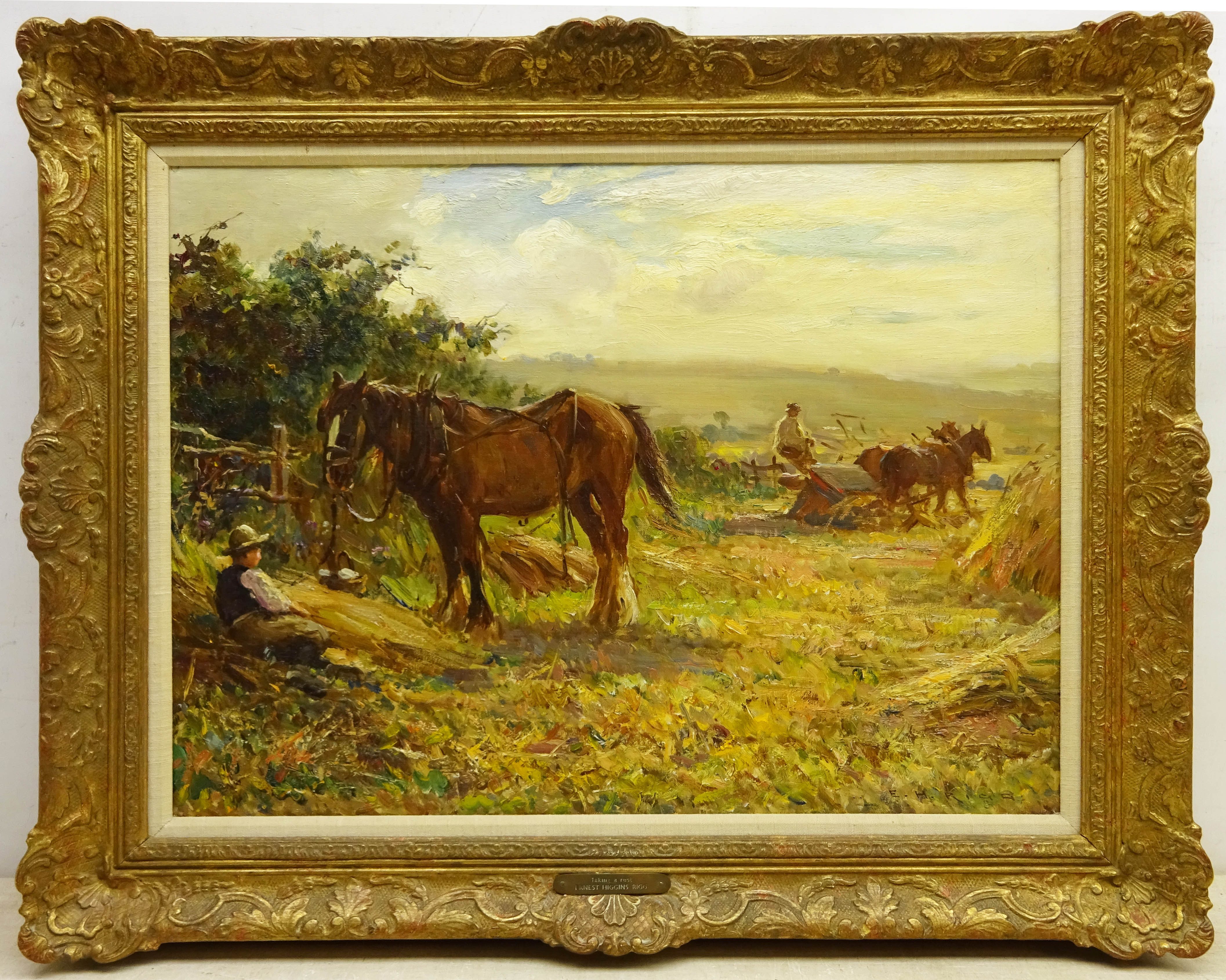 Ernest Higgins Rigg (Staithes Group 1868-1947): The Harvest Field with Horse Drawn Binder, oil on ca - Image 2 of 2