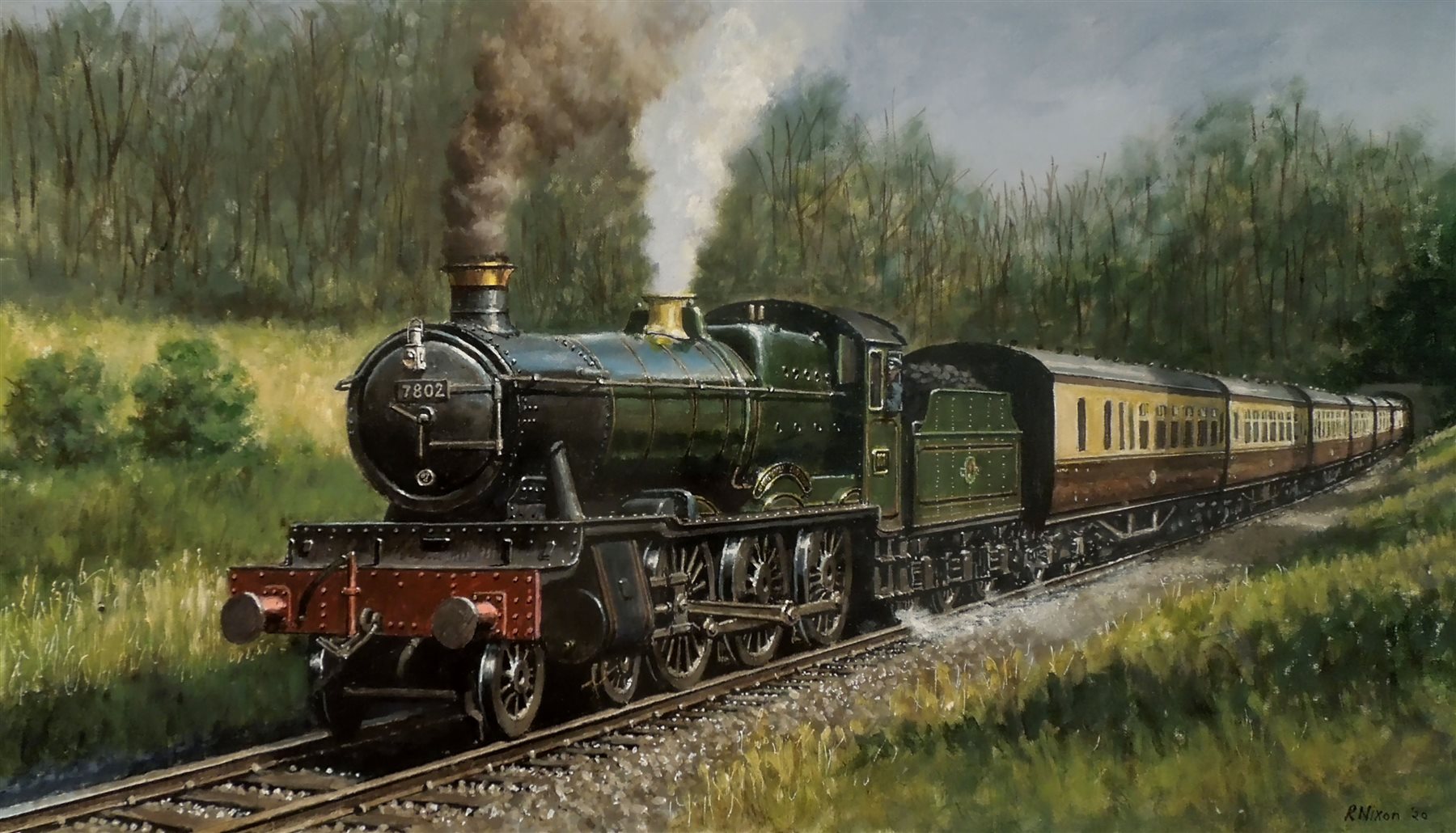 Robert Nixon (British 1955-): Great Western Railway 'Bradley Manor' leaving a Tunnel, oil on board s - Image 2 of 4