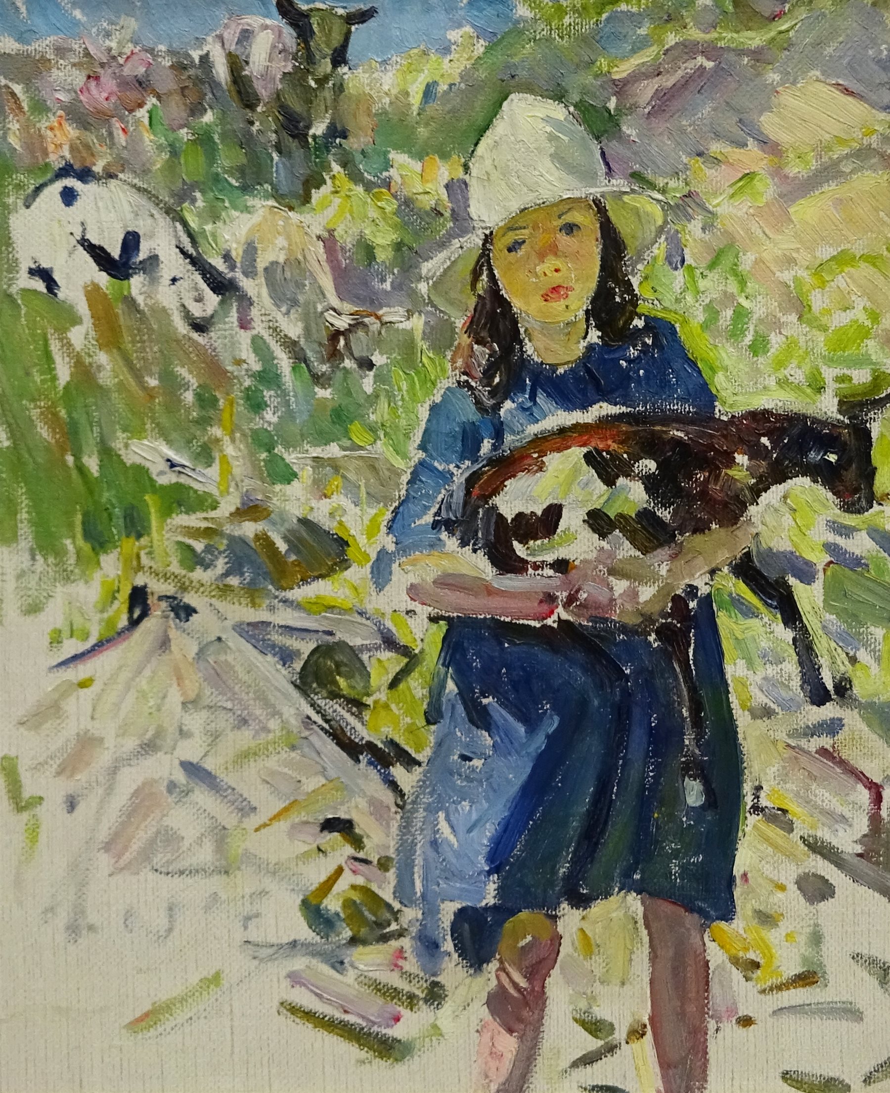 Dorothea Sharp (Newlyn School 1874-1955): Young Girl with a Lamb on a Hillside, oil on canvas unsign - Image 2 of 10