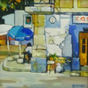 Lin Pattullo (Scottish 1949-): 'Corner Cafe', oil on canvas signed, titled verso 16cm x 16.5cm Prov