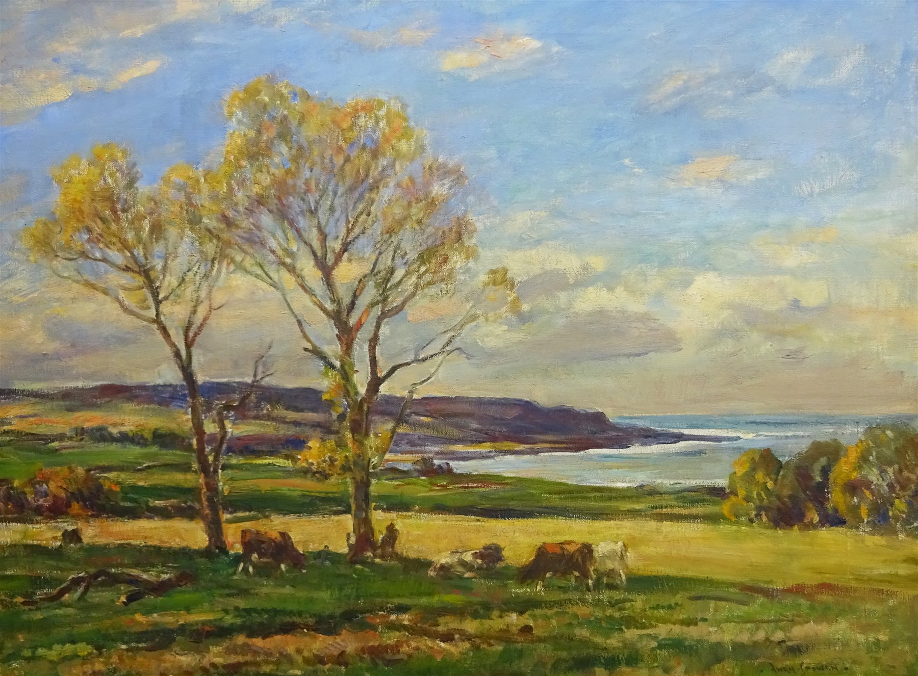 Owen Bowen (Staithes Group 1873-1967): Cattle Grazing on the Banks of the Solway Firth, oil on canva - Image 2 of 4