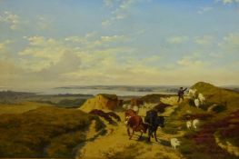 Axel Thorsen Schovelin (Danish 1827-1893): Boy driving Cattle and Sheep with Coastal Estuary in the