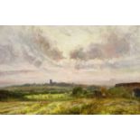 John Falconar Slater (British 1857-1937): Haytime looking towards Earsdon Church Northumberland, oil