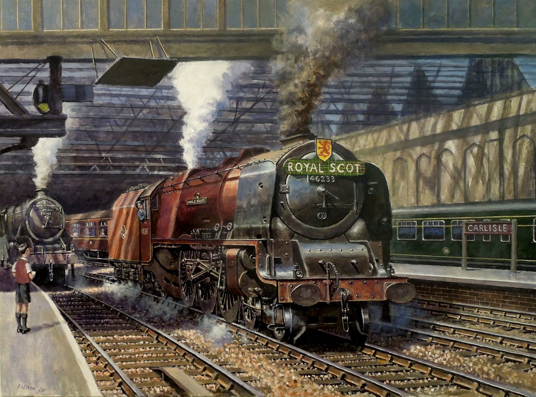 Robert Nixon (British 1955-): The Royal Scot 'Duchess of Sutherland' in Carlisle Railway Station, oi - Image 2 of 4