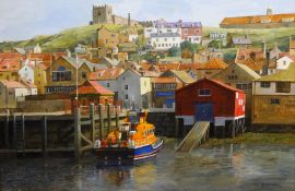 Don Micklethwaite (British 1936-): Whitby Lifeboat House, oil on board signed 50cm x 75cm DDS