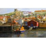 Don Micklethwaite (British 1936-): Whitby Lifeboat House, oil on board signed 50cm x 75cm DDS