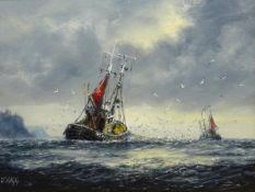 Jack Rigg (British 1927-): 'The Fishermen' - Trawlers off Whitby, oil on board signed, titled and si