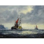 Jack Rigg (British 1927-): 'The Fishermen' - Trawlers off Whitby, oil on board signed, titled and si