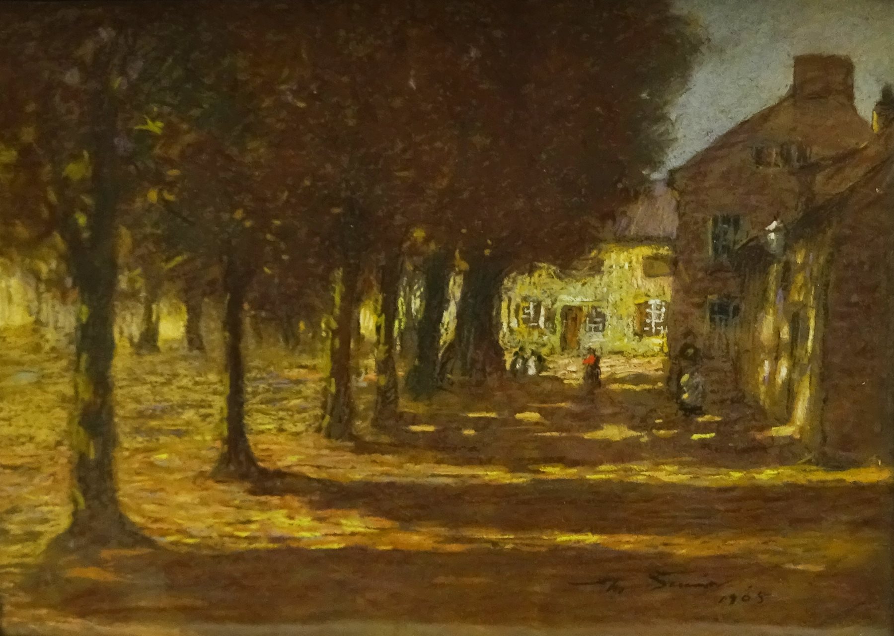 Mark Senior (Staithes Group 1862-1927): Sunlight through the Trees in the Village Square, pastel sig - Image 2 of 4