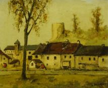 Louis Peyrat (French 1911-2001): Houses before a Castle, oil on canvas signed 31cm x 39cm DDS - A