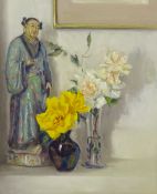 Neil Tyler (British 1945-): Still Life of Flowers with Cantonese ceramic Figure, oil on canvas signe