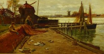 Edwin John Ellis (British 1841-1895): Figures watching Ducks on the Quayside, oil on canvas board si